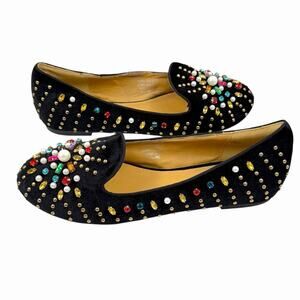 JEWELED VELVET LOAFERS BY AMANDA SIZE 9 RHINESTONE & PEARL FLATS RETRO LUXURY